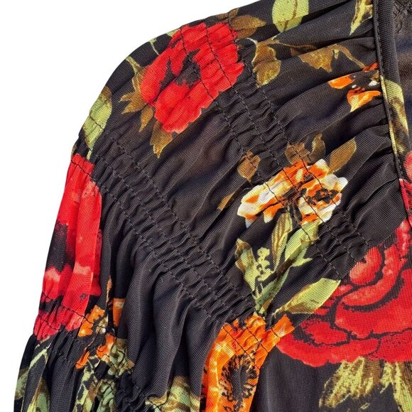 Ember Womens Floral Boho Ruched Bell Sleeves Elastic Hem Flowy Shirt Blouse M - Picture 3 of 11